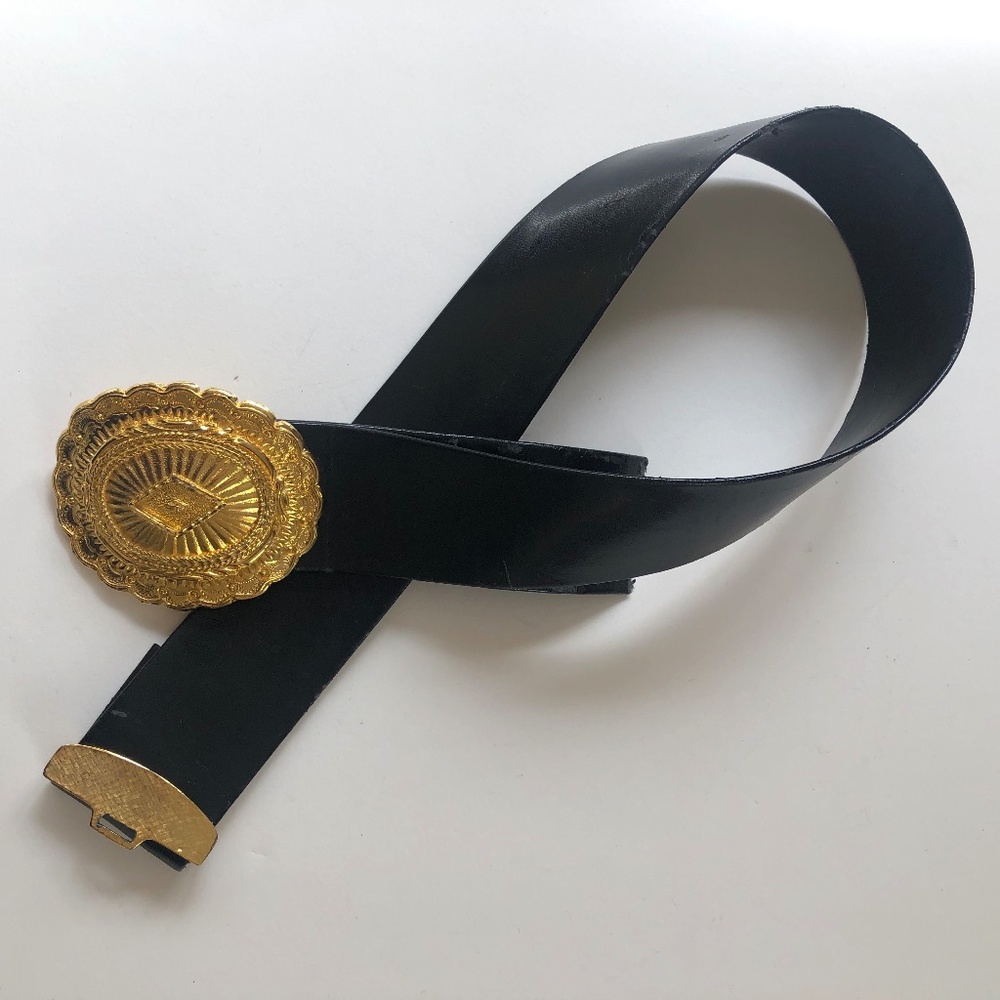 Belt with Removable Buckle and Hook, Gold & Black